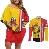 Marquesas Islands Armistice Day Couples Matching Off Shoulder Short Dress and Long Sleeve Button Shirt Lest We Forget Flag Style LT05 Yellow - Polynesian Pride