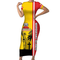 Marquesas Islands Armistice Day Short Sleeve Bodycon Dress Lest We Forget Flag Style LT05 Long Dress Yellow - Polynesian Pride