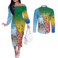 Personalised Malampa Fiji Day Couples Matching Off The Shoulder Long Sleeve Dress and Long Sleeve Button Shirt Tribal Pattern With Tropical Flowers - Polynesian Pride