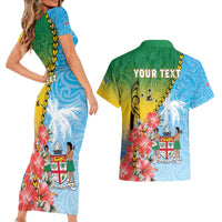 Personalised Malampa Fiji Day Couples Matching Short Sleeve Bodycon Dress and Hawaiian Shirt Tribal Pattern With Tropical Flowers - Polynesian Pride