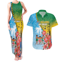 Personalised Malampa Fiji Day Couples Matching Tank Maxi Dress and Hawaiian Shirt Tribal Pattern With Tropical Flowers - Polynesian Pride