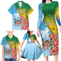Personalised Malampa Fiji Day Family Matching Long Sleeve Bodycon Dress and Hawaiian Shirt Tribal Pattern With Tropical Flowers - Polynesian Pride