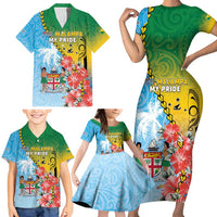 Personalised Malampa Fiji Day Family Matching Short Sleeve Bodycon Dress and Hawaiian Shirt Tribal Pattern With Tropical Flowers - Polynesian Pride