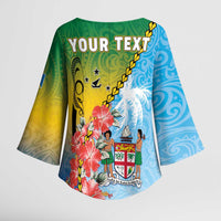 Personalised Malampa Fiji Day Kimono Sleeve Blouse Tribal Pattern With Tropical Flowers - Polynesian Pride