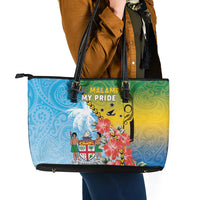 Malampa Fiji Day Leather Tote Bag Tribal Pattern With Tropical Flowers - Polynesian Pride