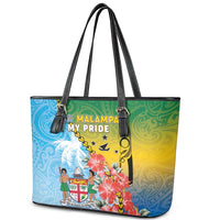 Malampa Fiji Day Leather Tote Bag Tribal Pattern With Tropical Flowers - Polynesian Pride