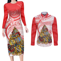 Personalized Happy Boxing Day Couples Matching Long Sleeve Bodycon Dress and Long Sleeve Button Shirts Polynesian Gift Boxes Christmas Tree LT05 Red - Polynesian Pride