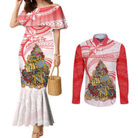 Personalized Happy Boxing Day Couples Matching Mermaid Dress and Long Sleeve Button Shirts Polynesian Gift Boxes Christmas Tree LT05 Red - Polynesian Pride