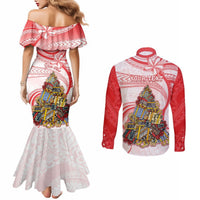 Personalized Happy Boxing Day Couples Matching Mermaid Dress and Long Sleeve Button Shirts Polynesian Gift Boxes Christmas Tree LT05 - Polynesian Pride