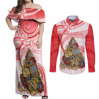 Personalized Happy Boxing Day Couples Matching Off Shoulder Maxi Dress and Long Sleeve Button Shirts Polynesian Gift Boxes Christmas Tree LT05 Red - Polynesian Pride