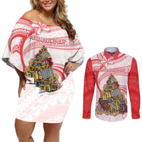Personalized Happy Boxing Day Couples Matching Off Shoulder Short Dress and Long Sleeve Button Shirts Polynesian Gift Boxes Christmas Tree LT05 Red - Polynesian Pride
