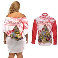 Personalized Happy Boxing Day Couples Matching Off Shoulder Short Dress and Long Sleeve Button Shirts Polynesian Gift Boxes Christmas Tree LT05 - Polynesian Pride