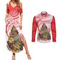 Personalized Happy Boxing Day Couples Matching Summer Maxi Dress and Long Sleeve Button Shirts Polynesian Gift Boxes Christmas Tree LT05 Red - Polynesian Pride