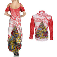 Personalized Happy Boxing Day Couples Matching Summer Maxi Dress and Long Sleeve Button Shirts Polynesian Gift Boxes Christmas Tree LT05 - Polynesian Pride