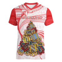 Personalized Happy Boxing Day Women V Neck T Shirt Polynesian Gift Boxes Christmas Tree LT05 Female Red - Polynesian Pride