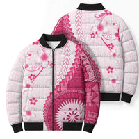 Bula Fiji Bomber Puffer Jacket Pink Plumeria Masi Tapa Pattern - Polynesian Pride