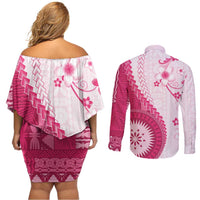 Bula Fiji Couples Matching Off Shoulder Short Dress and Long Sleeve Button Shirt Pink Plumeria Masi Tapa Pattern LT05 - Polynesian Pride