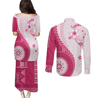 Bula Fiji Couples Matching Puletasi and Long Sleeve Button Shirt Pink Plumeria Masi Tapa Pattern - Polynesian Pride