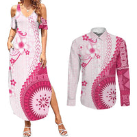 Bula Fiji Couples Matching Summer Maxi Dress and Long Sleeve Button Shirt Pink Plumeria Masi Tapa Pattern LT05 Pink - Polynesian Pride