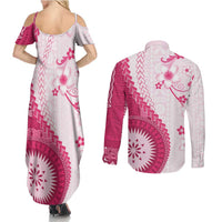 Bula Fiji Couples Matching Summer Maxi Dress and Long Sleeve Button Shirt Pink Plumeria Masi Tapa Pattern LT05 - Polynesian Pride