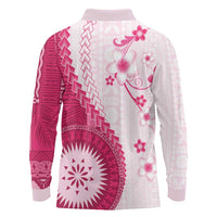 Bula Fiji Long Sleeve Polo Shirt Pink Plumeria Masi Tapa Pattern - Polynesian Pride