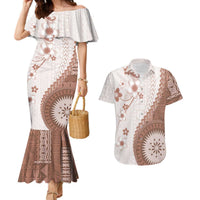 Bula Fiji Couples Matching Mermaid Dress and Hawaiian Shirt Brown Plumeria Masi Tapa Pattern LT05 Brown - Polynesian Pride