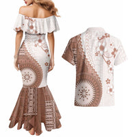Bula Fiji Couples Matching Mermaid Dress and Hawaiian Shirt Brown Plumeria Masi Tapa Pattern LT05 - Polynesian Pride