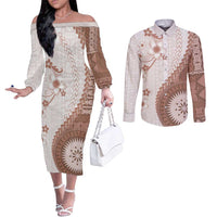 Bula Fiji Couples Matching Off The Shoulder Long Sleeve Dress and Long Sleeve Button Shirt Brown Plumeria Masi Tapa Pattern LT05 Brown - Polynesian Pride