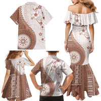 Bula Fiji Family Matching Mermaid Dress and Hawaiian Shirt Brown Plumeria Masi Tapa Pattern - Polynesian Pride