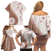 Bula Fiji Family Matching Off Shoulder Short Dress and Hawaiian Shirt Brown Plumeria Masi Tapa Pattern - Polynesian Pride