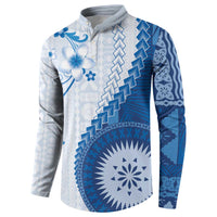 Bula Fiji Button Sweatshirt Blue Plumeria Masi Tapa Pattern LT05 - Polynesian Pride