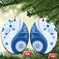 Bula Fiji Ceramic Ornament Blue Plumeria Masi Tapa Pattern LT05 Oval Blue - Polynesian Pride