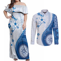 Bula Fiji Couples Matching Off Shoulder Maxi Dress and Long Sleeve Button Shirt Blue Plumeria Masi Tapa Pattern LT05 Blue - Polynesian Pride