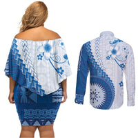 Bula Fiji Couples Matching Off Shoulder Short Dress and Long Sleeve Button Shirt Blue Plumeria Masi Tapa Pattern LT05 - Polynesian Pride