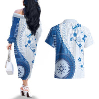 Bula Fiji Couples Matching Off The Shoulder Long Sleeve Dress and Hawaiian Shirt Blue Plumeria Masi Tapa Pattern LT05 - Polynesian Pride