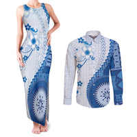 Bula Fiji Couples Matching Tank Maxi Dress and Long Sleeve Button Shirt Blue Plumeria Masi Tapa Pattern - Polynesian Pride