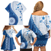 Bula Fiji Family Matching Off Shoulder Short Dress and Hawaiian Shirt Blue Plumeria Masi Tapa Pattern - Polynesian Pride