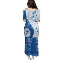 Bula Fiji Family Matching Puletasi and Hawaiian Shirt Blue Plumeria Masi Tapa Pattern LT05 - Polynesian Pride