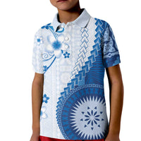 Bula Fiji Kid Polo Shirt Blue Plumeria Masi Tapa Pattern - Polynesian Pride