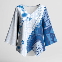 Bula Fiji Kimono Sleeve Blouse Blue Plumeria Masi Tapa Pattern LT05 Female Blue - Polynesian Pride
