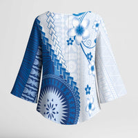 Bula Fiji Kimono Sleeve Blouse Blue Plumeria Masi Tapa Pattern LT05 - Polynesian Pride