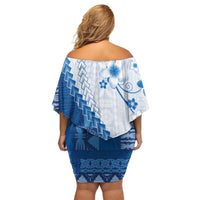 Bula Fiji Off Shoulder Short Dress Blue Plumeria Masi Tapa Pattern LT05 - Polynesian Pride