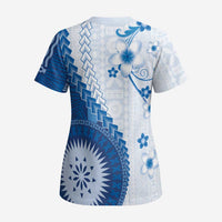 Bula Fiji Scrub Top Blue Plumeria Masi Tapa Pattern LT05 - Polynesian Pride