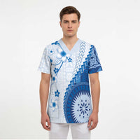 Bula Fiji Scrub Top Blue Plumeria Masi Tapa Pattern LT05 - Polynesian Pride