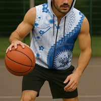Bula Fiji Sleeveless Zip Hoodie Blue Plumeria Masi Tapa Pattern LT05 - Polynesian Pride