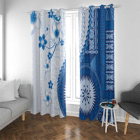 Bula Fiji Window Curtain Blue Plumeria Masi Tapa Pattern LT05 With Grommets Blue - Polynesian Pride