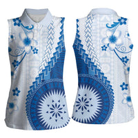 Bula Fiji Women Sleeveless Polo Shirt Blue Plumeria Masi Tapa Pattern LT05 - Polynesian Pride