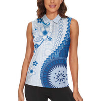 Bula Fiji Women Sleeveless Polo Shirt Blue Plumeria Masi Tapa Pattern LT05 - Polynesian Pride