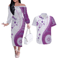 Bula Fiji Couples Matching Off The Shoulder Long Sleeve Dress and Hawaiian Shirt Violet Plumeria Masi Tapa Pattern LT05 Violet - Polynesian Pride