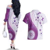 Bula Fiji Couples Matching Off The Shoulder Long Sleeve Dress and Hawaiian Shirt Violet Plumeria Masi Tapa Pattern LT05 - Polynesian Pride